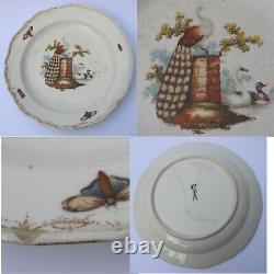 7X antique Meissen porcelain plates hand-painted with insects and birds C. 19thC