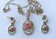 9ct Gold Vintage Hand Painted Porcelain Miniature Pendant Necklace & Earring Set