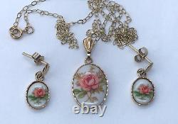 9ct Gold Vintage Hand Painted Porcelain Miniature Pendant Necklace & Earring Set