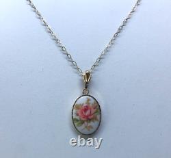 9ct Gold Vintage Hand Painted Porcelain Miniature Pendant Necklace & Earring Set