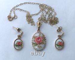 9ct Gold Vintage Hand Painted Porcelain Miniature Pendant Necklace & Earring Set