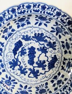 A 14 Chinese Export Underglazed Blue Grape Vine Blossoms Hand Painted Charger