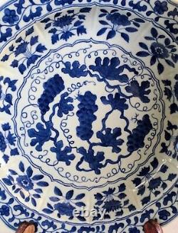 A 14 Chinese Export Underglazed Blue Grape Vine Blossoms Hand Painted Charger