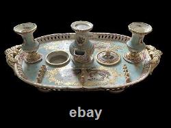 A/F. Antique 19th C hand painted porcelain Inkwell On tray stand