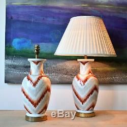 A Pair Mid 20th C Hand Painted Flame Stitch Chinese Vase Brass Table Hall Lamps