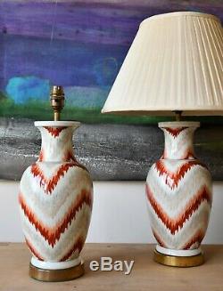 A Pair Mid 20th C Hand Painted Flame Stitch Chinese Vase Brass Table Hall Lamps