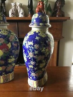 A Pair Of 16 Vintage Hand Painted Chinese Ovoid Vases With Foo Dog Covers