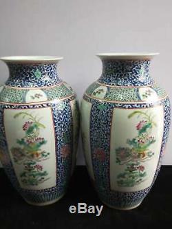 A Pair Of Chinese Famille Rose Porcelain Landscape Vases Handpainted Mark KangXi