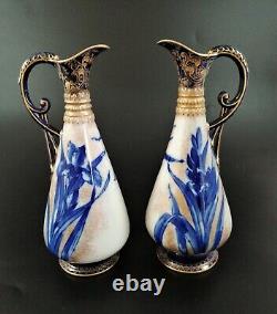 A pair of Royal Doulton Burslem ewer with Blue Iris, c. 1880