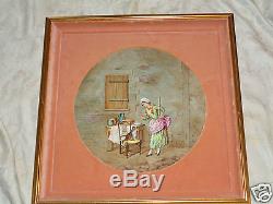 ANTIQUE 19th CENTURY HAND PAINTED CAT LADY PORCELAIN PLAQUE CHARGER SIGNED
