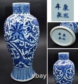 ANTIQUE 19thC CHINESE LOTUS 10 VASE 4 CHARACTER KANGXI MARK BLUE & WHITE