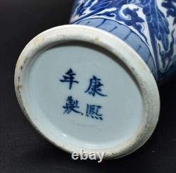 ANTIQUE 19thC CHINESE LOTUS 10 VASE 4 CHARACTER KANGXI MARK BLUE & WHITE