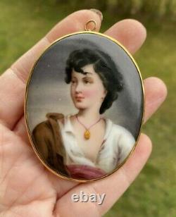 ANTIQUE ART NOUVEAU HAND PAINTED PORTRAIT PORCELAIN 14K GOLD PENDANT 2.5 24gr