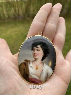 ANTIQUE ART NOUVEAU HAND PAINTED PORTRAIT PORCELAIN 14K GOLD PENDANT 2.5 24gr