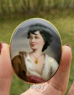 ANTIQUE ART NOUVEAU HAND PAINTED PORTRAIT PORCELAIN 14K GOLD PENDANT 2.5 24gr