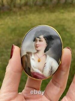 ANTIQUE ART NOUVEAU HAND PAINTED PORTRAIT PORCELAIN 14K GOLD PENDANT 2.5 24gr