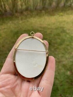 ANTIQUE ART NOUVEAU HAND PAINTED PORTRAIT PORCELAIN 14K GOLD PENDANT 2.5 24gr