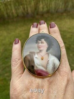 ANTIQUE ART NOUVEAU HAND PAINTED PORTRAIT PORCELAIN 14K GOLD PENDANT 2.5 24gr