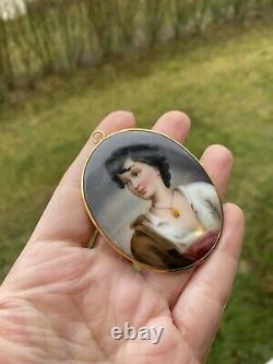 ANTIQUE ART NOUVEAU HAND PAINTED PORTRAIT PORCELAIN 14K GOLD PENDANT 2.5 24gr