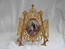 ANTIQUE FRENCH GILT BRASS HAND PAINTED PORCELAIN RELIQUARY, ALTAR, LATE 19th