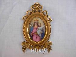 ANTIQUE FRENCH HAND PAINTED PORCELAIN PLAQUE WITH GILT BRONZE FRAME, LATE 19th