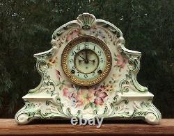 Ansonia Hand Painted Porcelain Visible Escapement Mantle Clock Working Perfectly