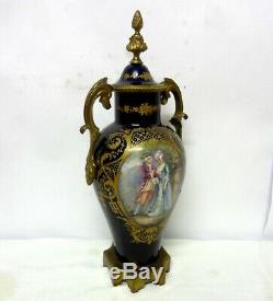 Antique 11´´ Sevres Porcelain Vase Urn Blue Cobalt Hand Painted Scene & Bronze
