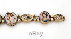 Antique 14k Gold Hand Painted Porcelain & Gems Women Cameo Oval Slide Bracelet