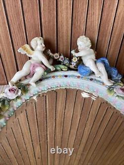 Antique 1700s Hand Painted Meissen Porcelain Cherub Figural Flowers Mirror