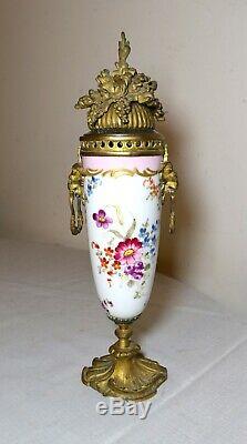 Antique 1800's bronze mounted hand painted porcelain ornate serves potpourri urn