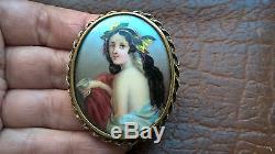 Antique 1910s Edwardian Hand Painted Porcelain Portrait Hair Lily Brooch