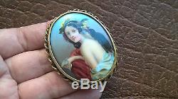 Antique 1910s Edwardian Hand Painted Porcelain Portrait Hair Lily Brooch