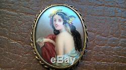 Antique 1910s Edwardian Hand Painted Porcelain Portrait Hair Lily Brooch