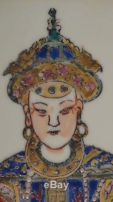 Antique 19c Chinese Hand Painted Porcelain Seated Emperor Plaque, Signed & Sealed