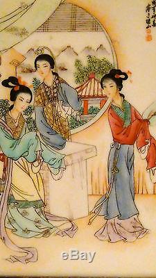 Antique 19c Chinese Porcelain Hand Painted Famille Verte Plaque Three Women