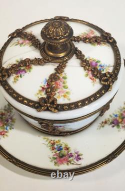 Antique 19th Century Hand Painted Porcelain Ramekin & Saucer Gilt Bronze Mounts