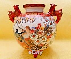 Antique 19th Japanese Kutani Meiji Period Porcelain Koro, Hand-Painted, Signed
