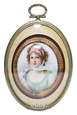 Antique 19th c Hand Painted Porcelain Lady Portrait on Frame