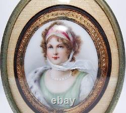 Antique 19th c Hand Painted Porcelain Lady Portrait on Frame