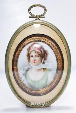 Antique 19th c Hand Painted Porcelain Lady Portrait on Frame