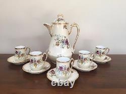 Antique A&D Limoges Hand-Painted CHOCOLATE POT with CUPS & SAUCER SETS Pansies