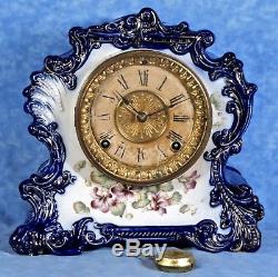 Antique Ansonia TRIBUTE Porcelain Mantel Clock- Cobalt, Hand Painted Florals