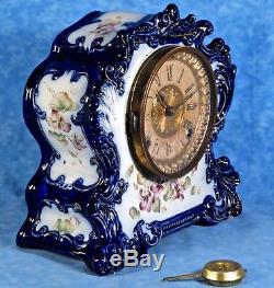 Antique Ansonia TRIBUTE Porcelain Mantel Clock- Cobalt, Hand Painted Florals