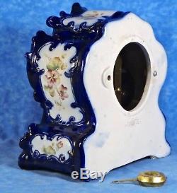 Antique Ansonia TRIBUTE Porcelain Mantel Clock- Cobalt, Hand Painted Florals