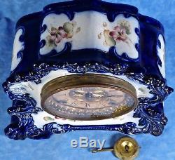 Antique Ansonia TRIBUTE Porcelain Mantel Clock- Cobalt, Hand Painted Florals