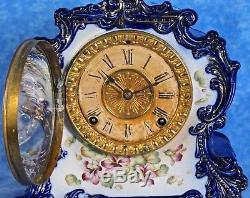 Antique Ansonia TRIBUTE Porcelain Mantel Clock- Cobalt, Hand Painted Florals