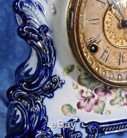 Antique Ansonia TRIBUTE Porcelain Mantel Clock- Cobalt, Hand Painted Florals