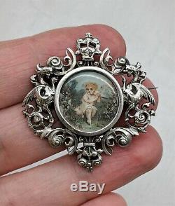 Antique Art Nouveau French Hand Painted Porcelain Sterling Silver Dragon Brooch