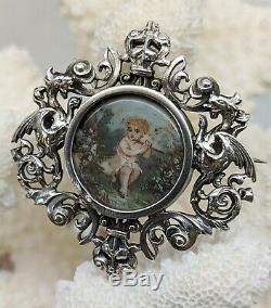 Antique Art Nouveau French Hand Painted Porcelain Sterling Silver Dragon Brooch