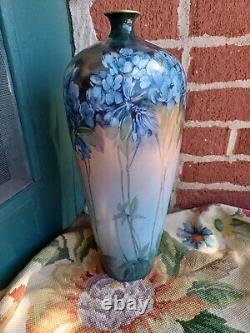 Antique Artist Signed Unmarked Limoges Hand Painted Floral Tall Porcelain Vase